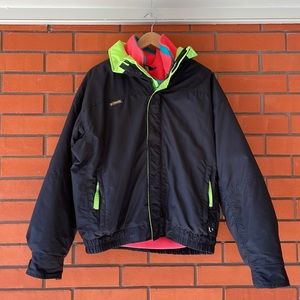 VTG COLUMBIA Men's Black Neon Ski Coat Jacket Fleece Removable Layer Size Large